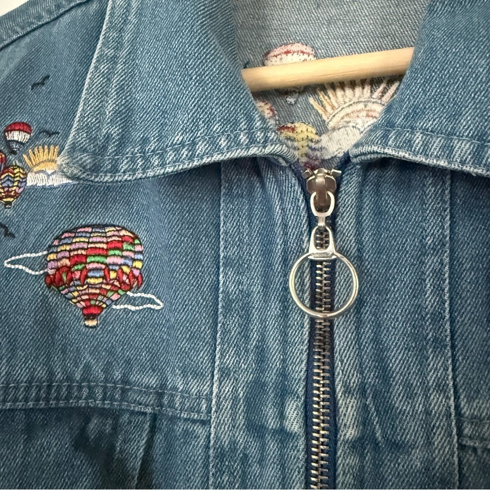 Vintage Passion‎ I Embroidered Denim Jean Jacket Hot Air Balloons Zip Up Size S - Picture 8 of 14